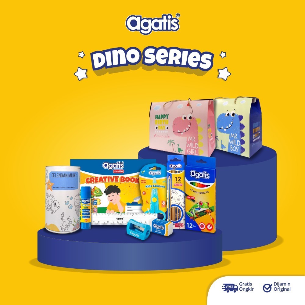 

AGATIS - Paket Ulang Tahun Hampers Pensil Warna Pensil 2B Gunting Dino Series Berhadiah Celengan Anak