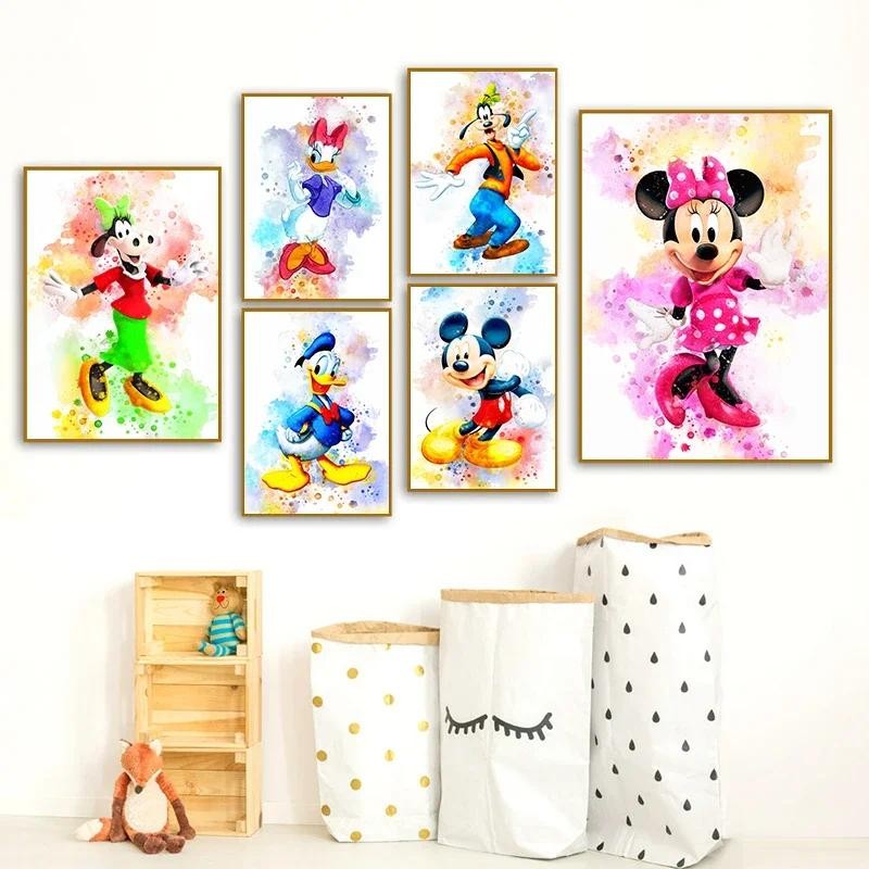 

Watercolor Disney Mickey Mouse Art Painting Cartoon Donald Minnie Poster Canvas Print Kids Gifts Baby Nursery Room Wall Decor