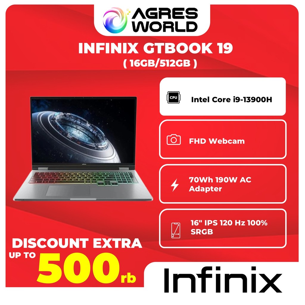 Infinix GTBOOK I9 13900H RTX4060 8GB RAM 16GB SSD 512GB Win11 16.0FHD 120HZ 100SRGB - Garansi Resmi