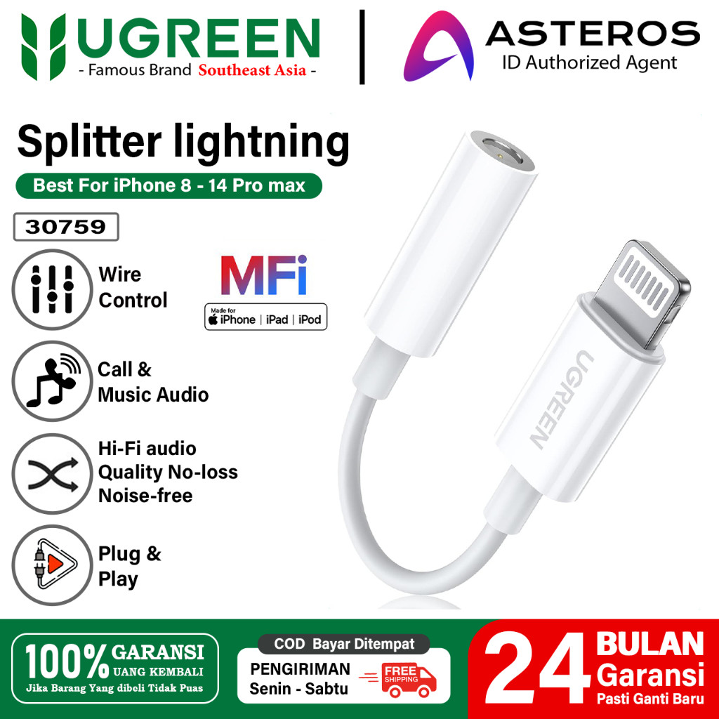 UGREEN Audio Splitter iPhone Mfi Lightning to Jack 3.5mm Support Music, Call, GamingMurah