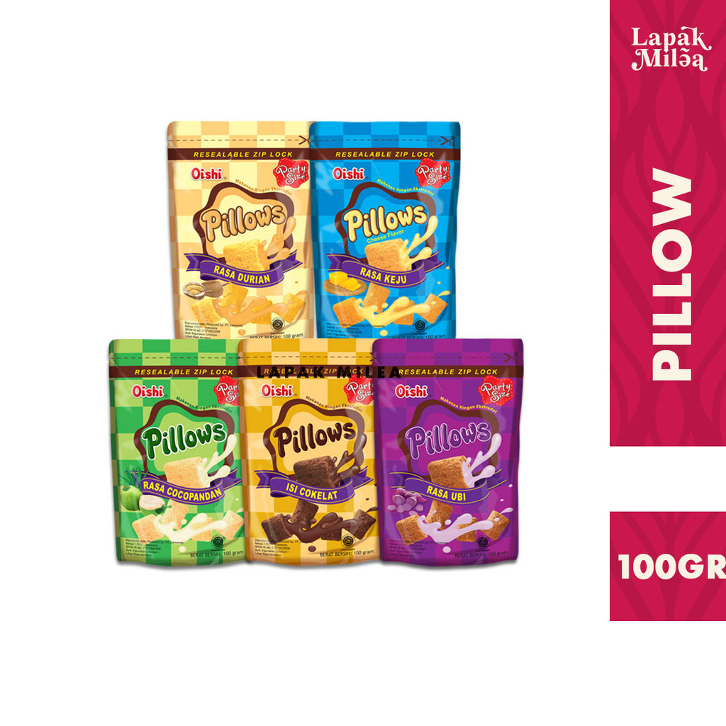 Oishi Snack Pillow Lumer Isi Coklat Strawberry Durian Keju Kemasan 100gr