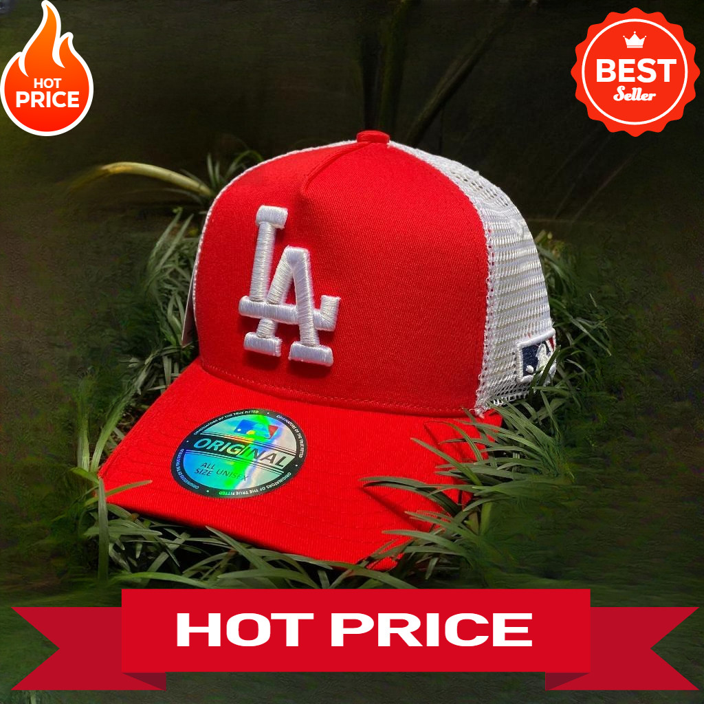 PROMO Topi Trucker LA Merah jaring Putih Basseball Bordir Timbul -  Full Tag MLB - yunisex terbaru -
