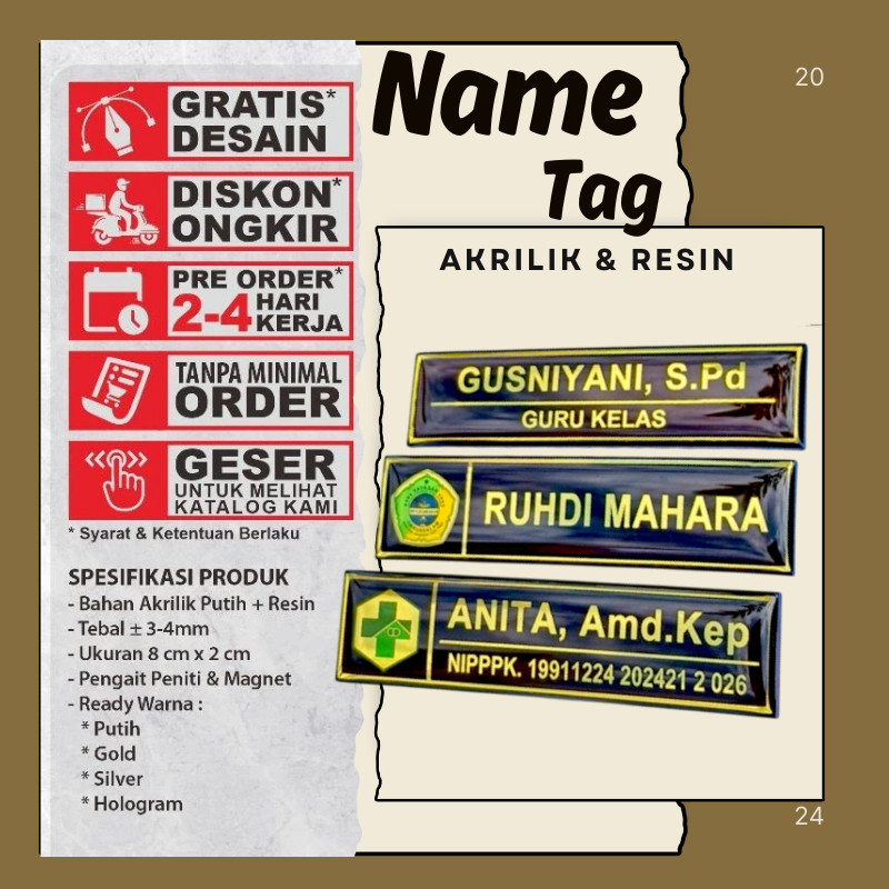 Name Tag Nama Dada Akrilik Magnet Peniti Gold Silver