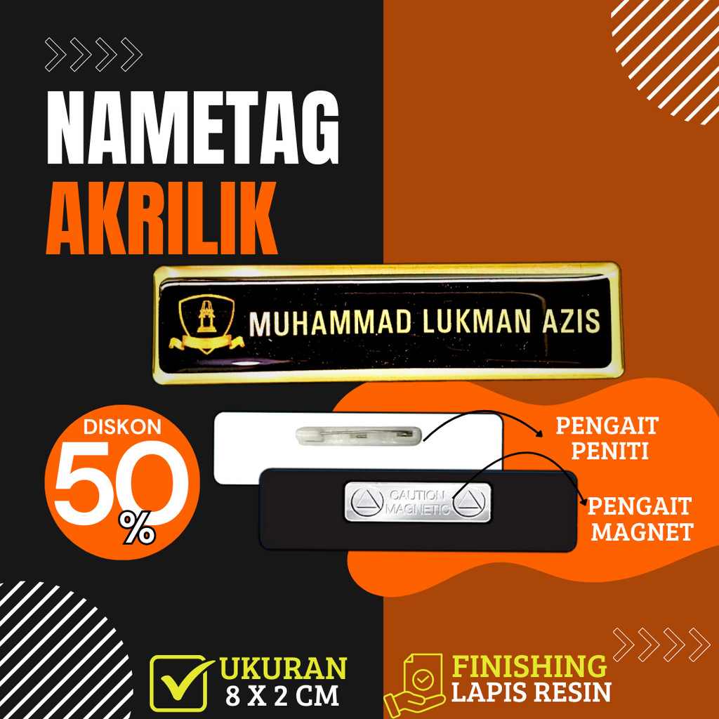 Name Tag Nama Dada Akrilik Magnet Peniti Gold Silver