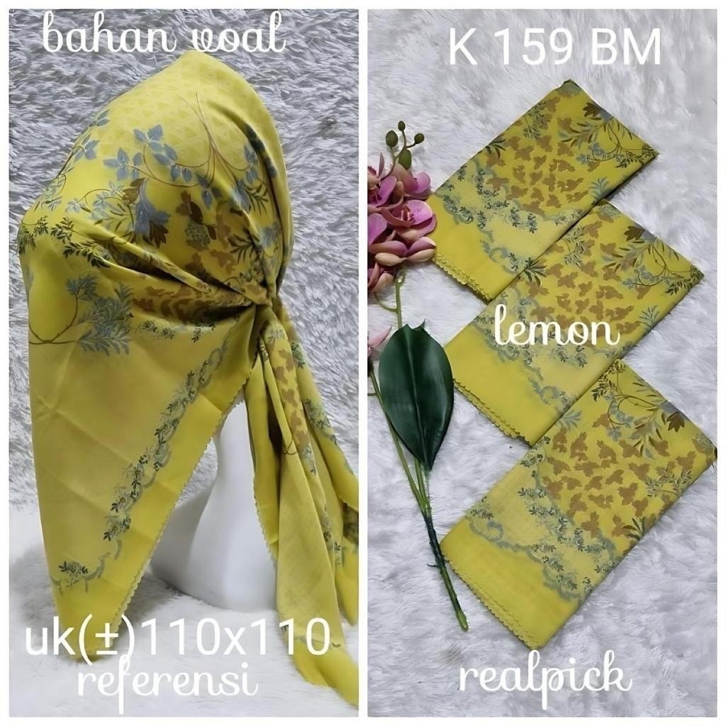 imn . Hijab segi empat voal motif bunga (CODE 102) warna kuning lemon 110x110cm Kerudung Mewah Musli