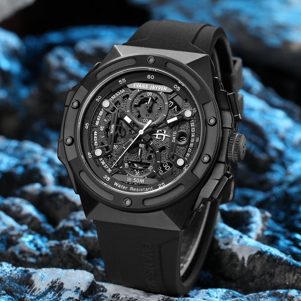 Jam Tangan Pria Evans Jayden 9547 Rubber Kaca Sapphire Chronograph Water Resistant 10 ATM [Terlaris]