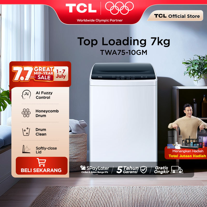 TCL Mesin Cuci 1 Tabung - Top Loading 7 KG - Honeycomb Crystal Drum - Auto Cleaning - Eight Wash Pro
