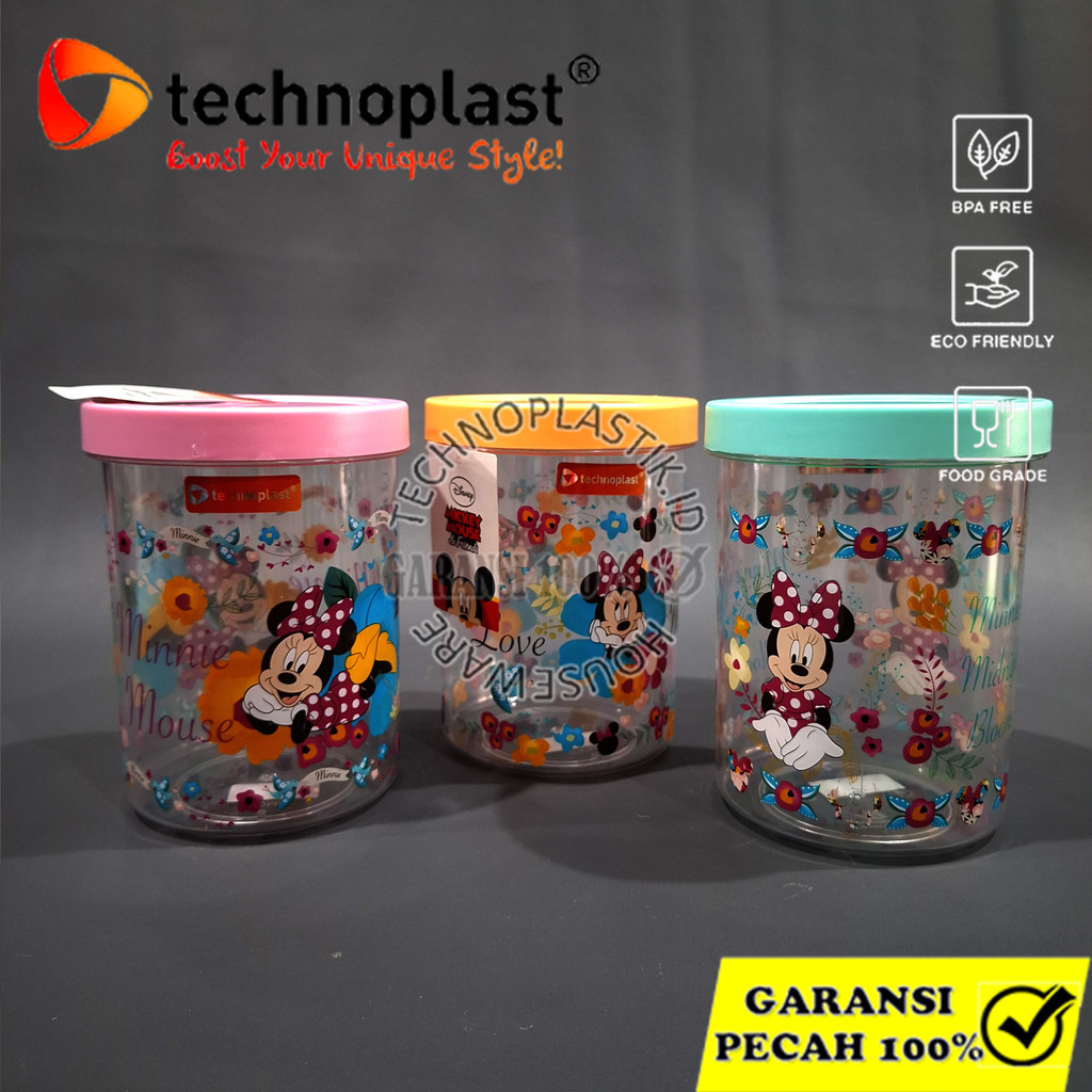 TECHNOPLAST Minnie Mouse Acrylic Canister 1,15 L – Tutup Rapat, Anti Bocor (BPA Free)