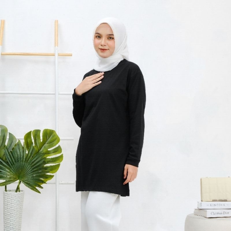 ES.COLD YIAHZAA Kaos Tunik Polos Wanita Lengan Panjang Warna Hitam Baju Hijab Wanita