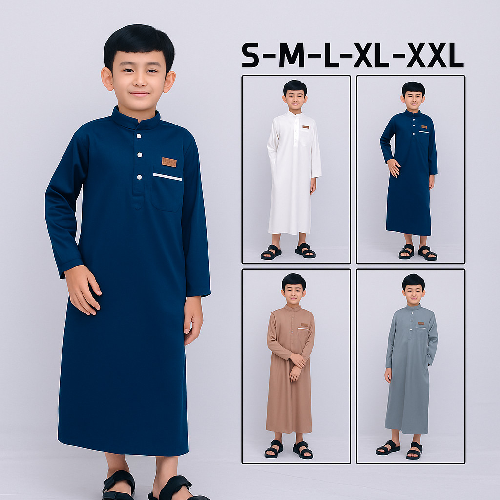 Jubah Anak Laki-laki Premium Usia 2-11 Tahun Gamis Anak Muslim Bahan Toyobo Katun Warna Biru Navy