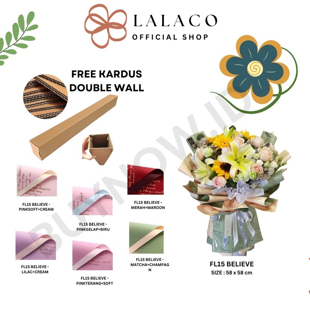 

LALACO - (5 LEMBAR) - FL15 BELIEVE Kertas Bunga Paper Buket Motif Tulisan Text Florist Cellophane