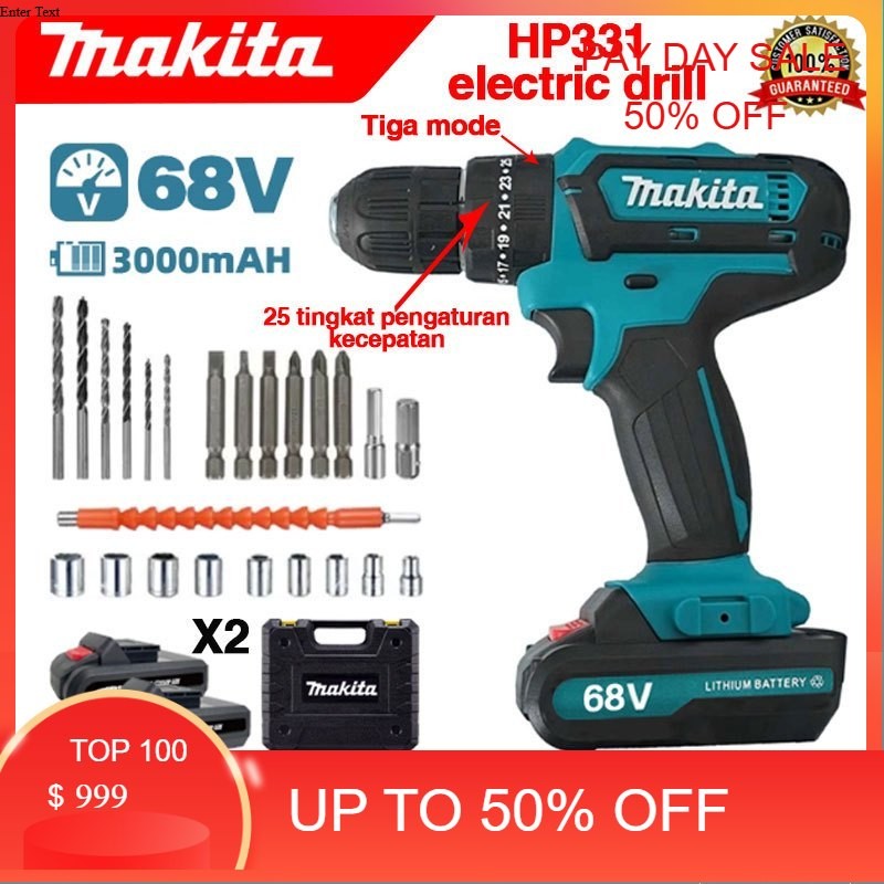 Makita DF331 Bor Tangan Listrik Tanpa Kabel 68V Bor Impact Bor Obeng Listrik Multi-alat