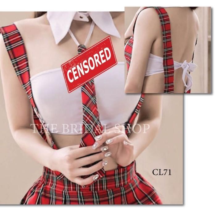 Premium Jumpsuit Lingerie Cosplay Student Motif Kotak-Kotak Merah CL71