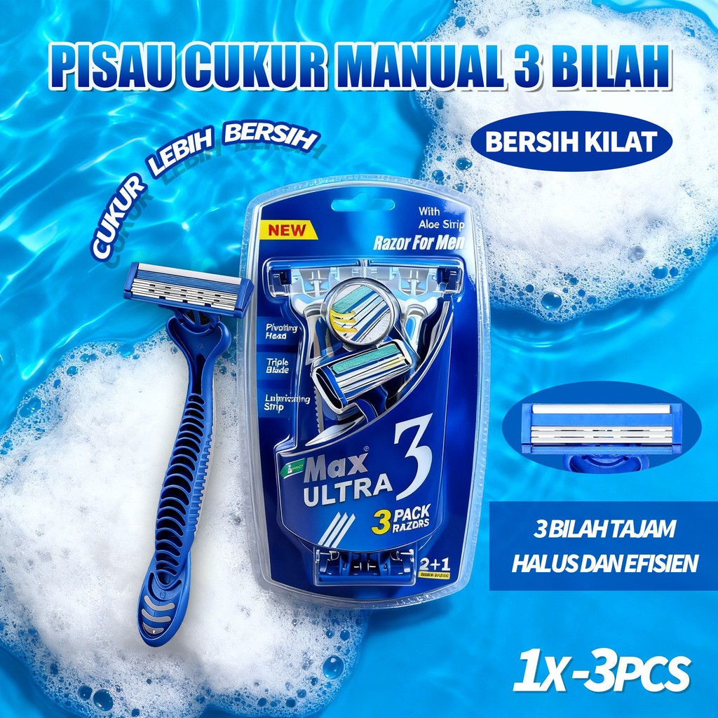 Pisau Cukur Manual Premium Isi 3 pcs - Kepala Fleksibel, 3 Bilah Pisau, Gagang Nyaman - Cukur Bersih