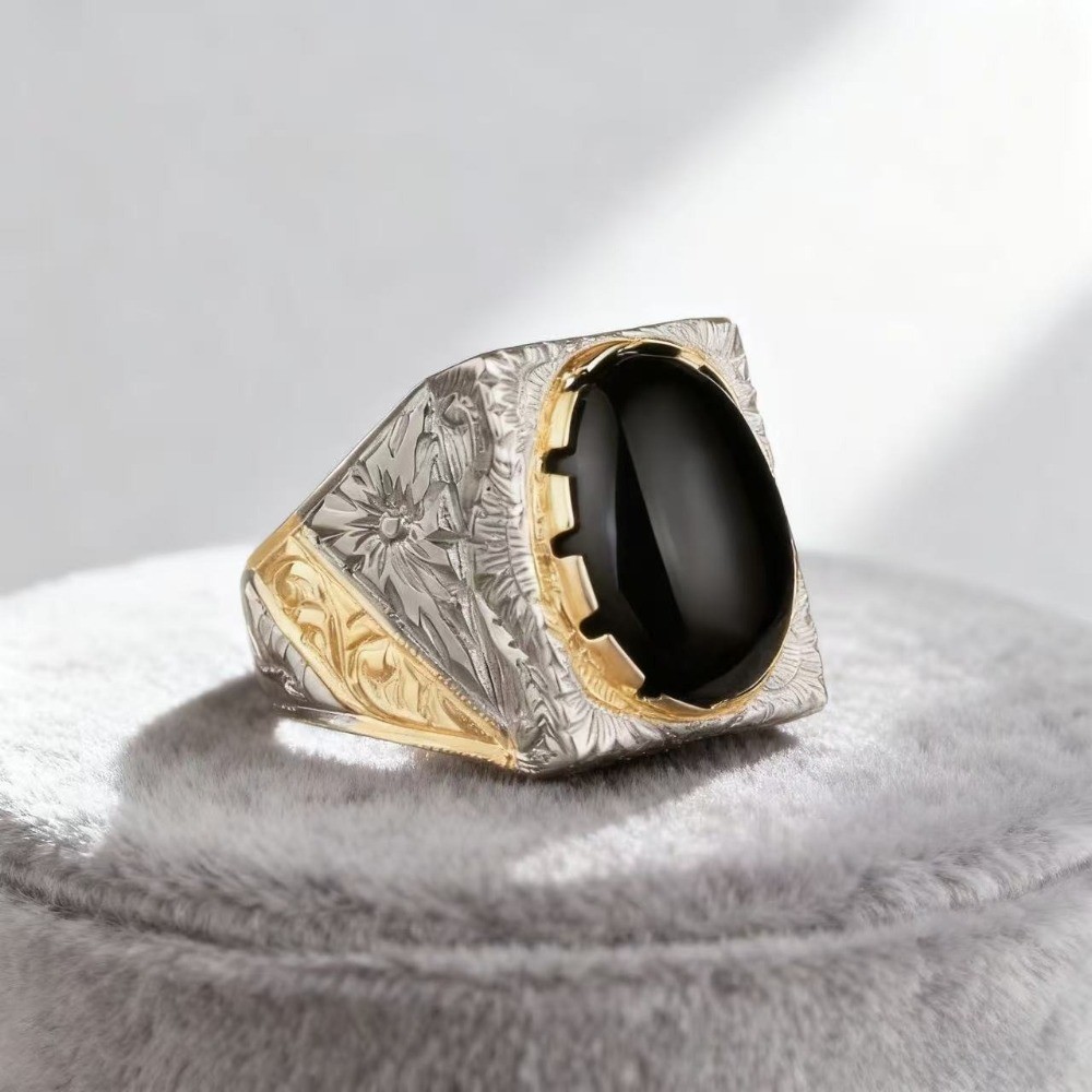 Cincin Pria Emas Perak Hitam Permata Kristal Titanium Baja Fashion Vintage Ukiran Indah Pola Punk Pe