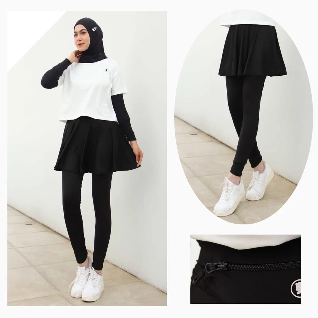 Legging Rok Zipper Jersey Premium Wanita Muslimah untuk Olahraga Senam Yoga Zumba Lari Bersepeda Gym