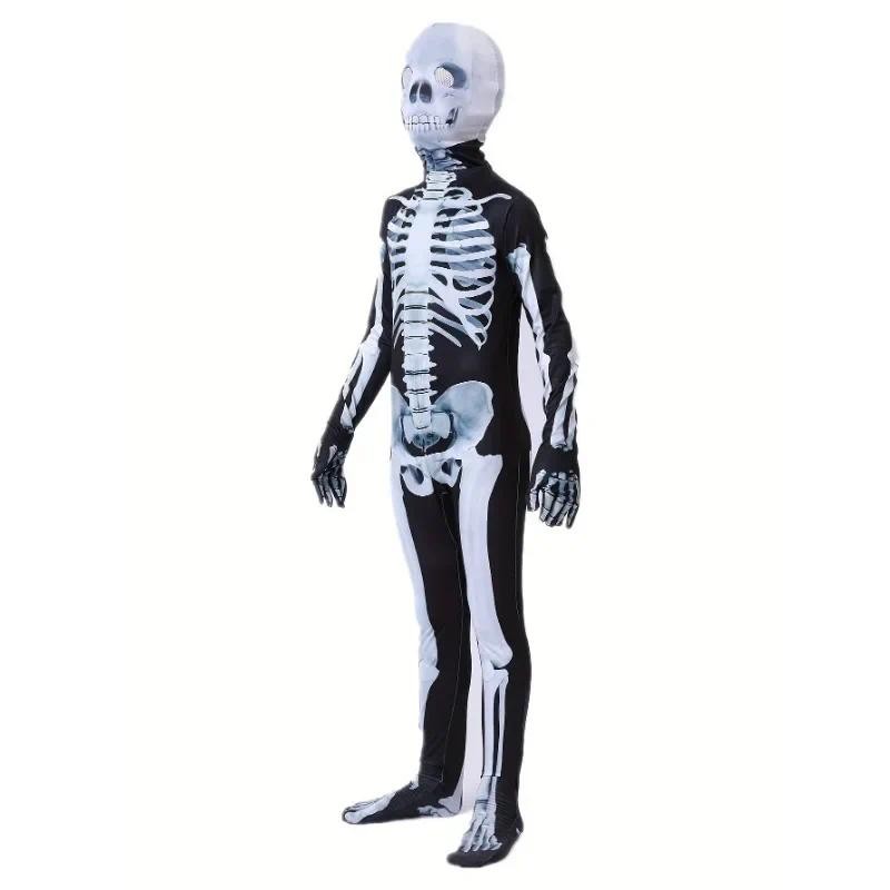 3-12Y Halloween Boys Skeleton Costume Printed Skeleton Mask Jumpsuit with Scary Mask Spooky Devil Ro