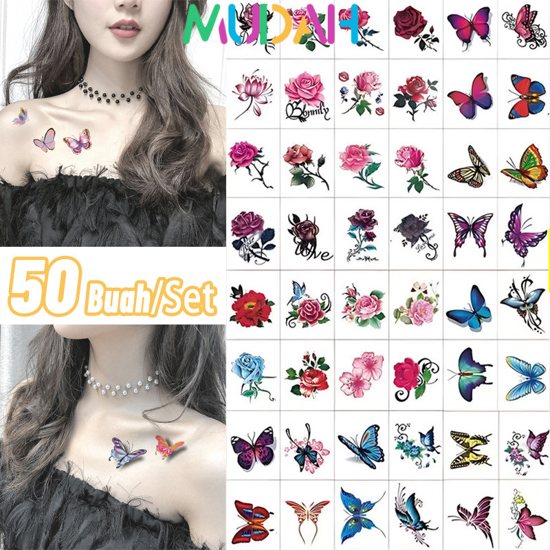 50Pcs  Air Motif Bunga Kupu-Kupu Tato Temporer Tahan 3D Desain Bunga tahan air wajah mata tangan dad