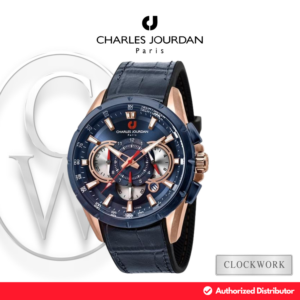 Jam Tangan Pria Charles Jourdan CJ1029-1582C Kulit Sporty Casual Kombinasi Hitam dan Rosegold