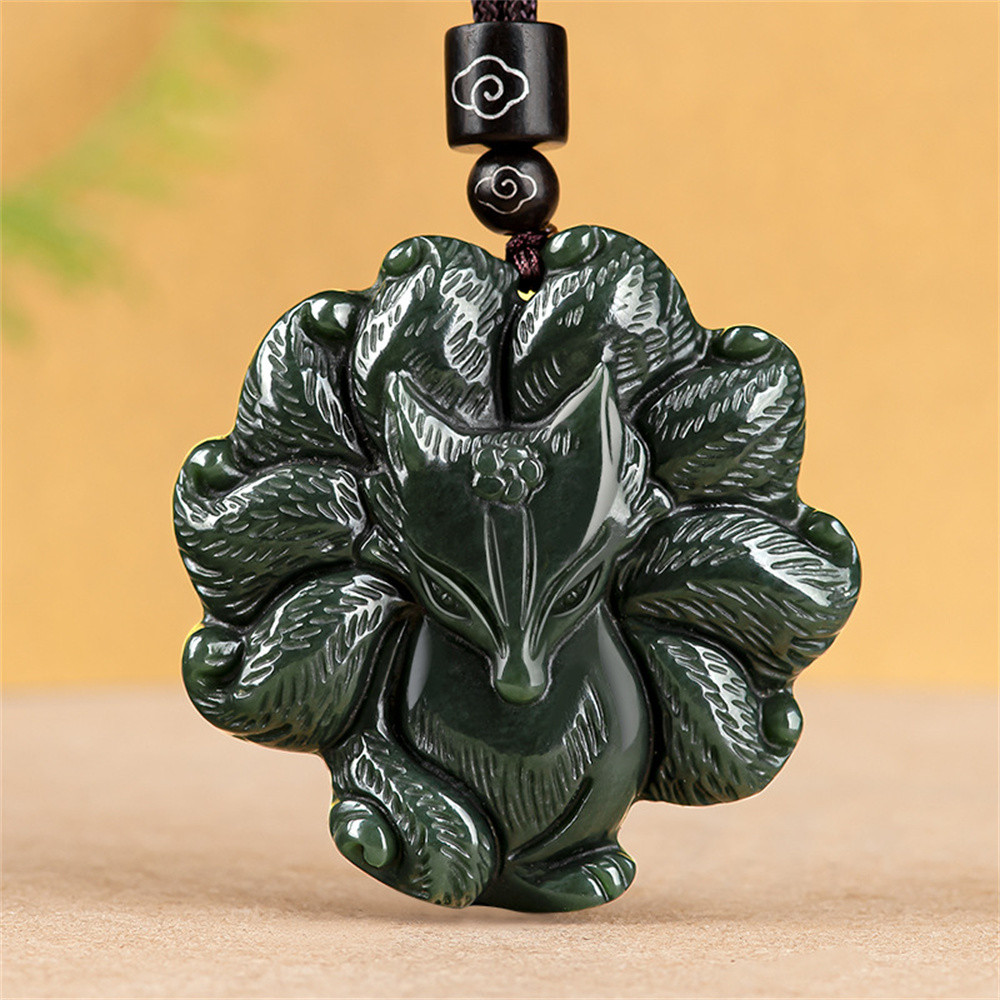Vintage Natural Black HeTian Jade Carved Cute Nine Tail Fox Lucky Pendant Amulet Necklace Certificat