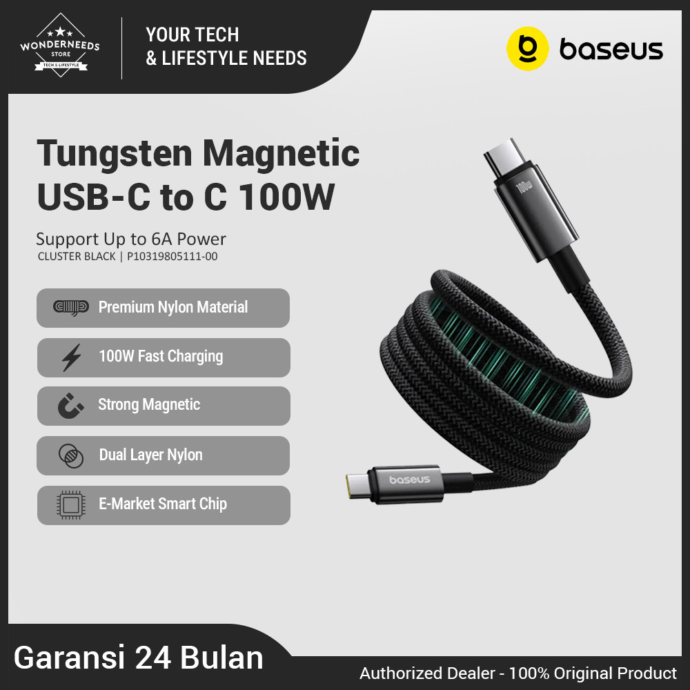 Baseus Tungsten Magnetic USB-C to C 100W Kabel USB-C Nylon Braided Zinc Alloy Strong Magnet