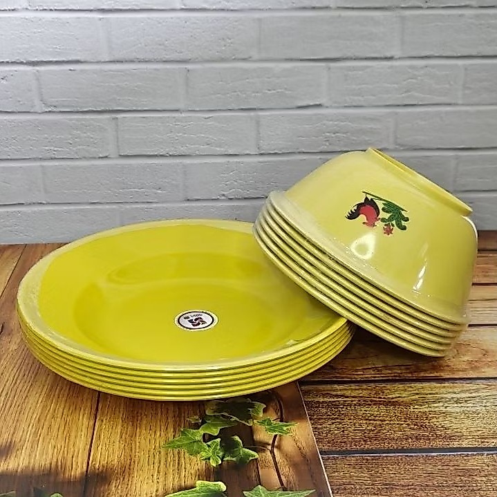 PAKET BUNDLING [1 LUSIN] 6 PCS PIRING PLASTIK  & 6 PCS MANGKOK JAGO WARNA KUNING