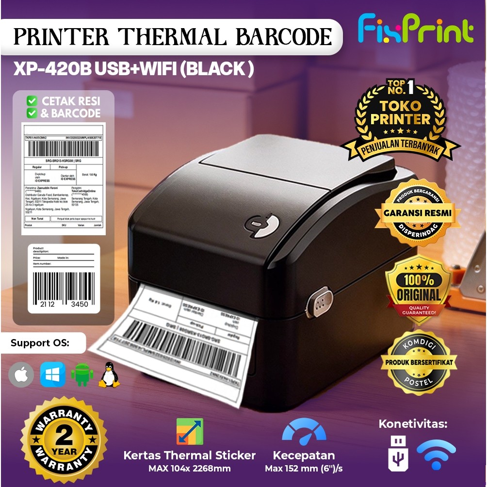 FixPrint Printer Resi XP-420B Barcode Thermal Cetak Label Marketplace Online XP-420B XP-423B BT-112 