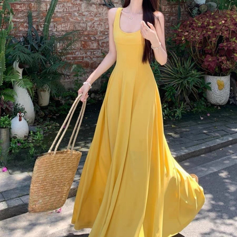 [ Cute Hot Label] Gaya elegan baru temperamen kuning sling gaun liburan anakanak tas ramping