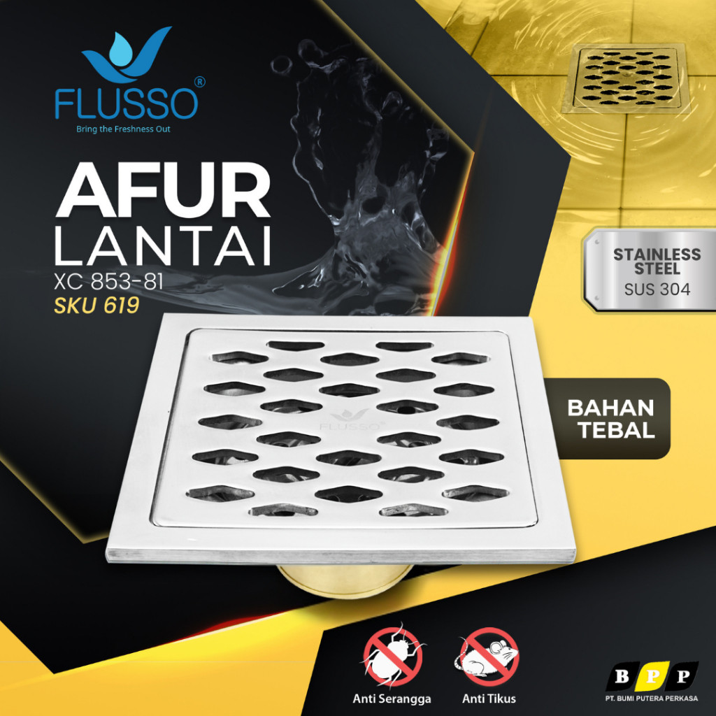 FLUSSO Floor Drain Penutup Saluran Air Kamar Mandi 4 inch Katub Otomatis Kuningan Anti Bau AXC1 619
