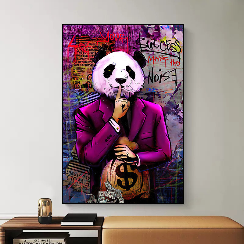 

Graffiti Art Red Blue Green Panda Face Make The Noise Poster Canvas Painting Money Bag Wall Art For Living Room Home Decor