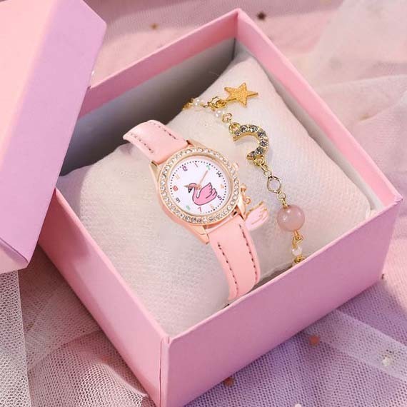 3PCS Jam Tangan Anak-Anak Kuarsa Tali Kulit Asli Pola Angsa Dial Dial Kecil Kartun Gelang Halus Lucu