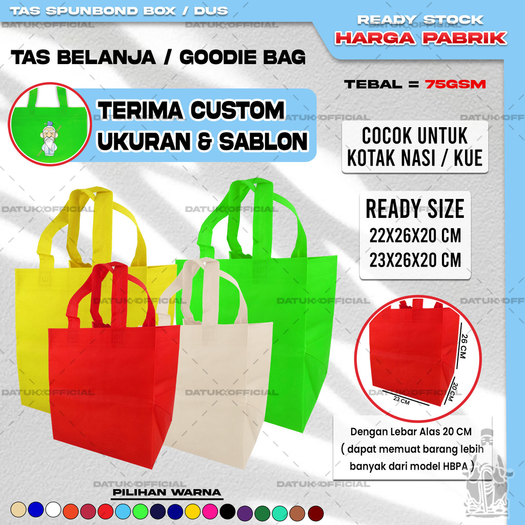 

Goodie Bag Tas Kotak Nasi Kotak Kue Spunbond HBPA Box Ukuran 22x26x20 23x26x20 Kantong Kain Souvenir