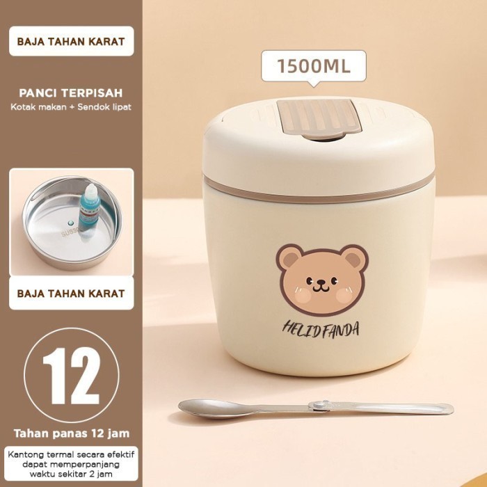 Lunch Box HELIDFANDA Thermos Hello Panda 1500ml – Kotak Bekal Stainless Anti Bocor Tahan Panas 12 Ja