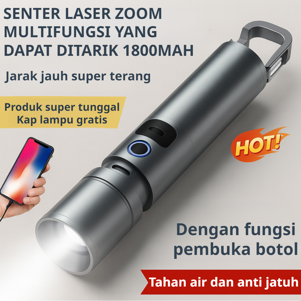 ✨Senter Kait Jarak Jauh Laser Putih Zoom Teleskopik | Senter Bank Daya Cahaya Kuat Paduan Aluminium,