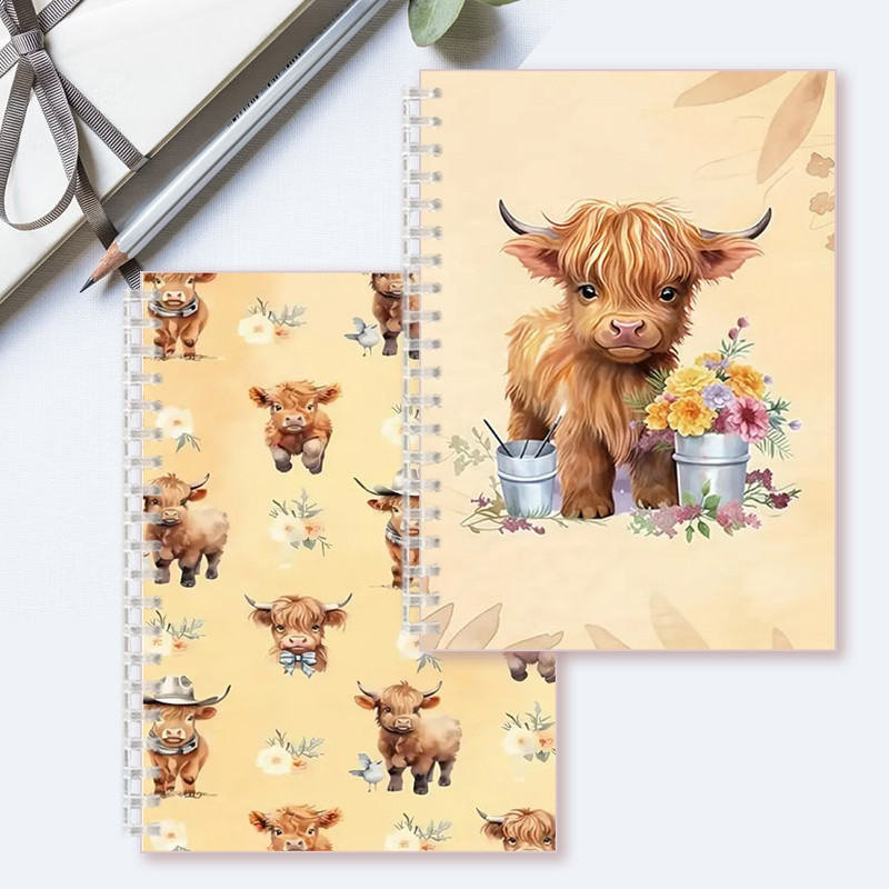 

1pc Adorable Highland Cow A5 Spiral Notebook | Yellow Floral Design Journal Cute Cattle Note Book For Writing Supplies Gift
