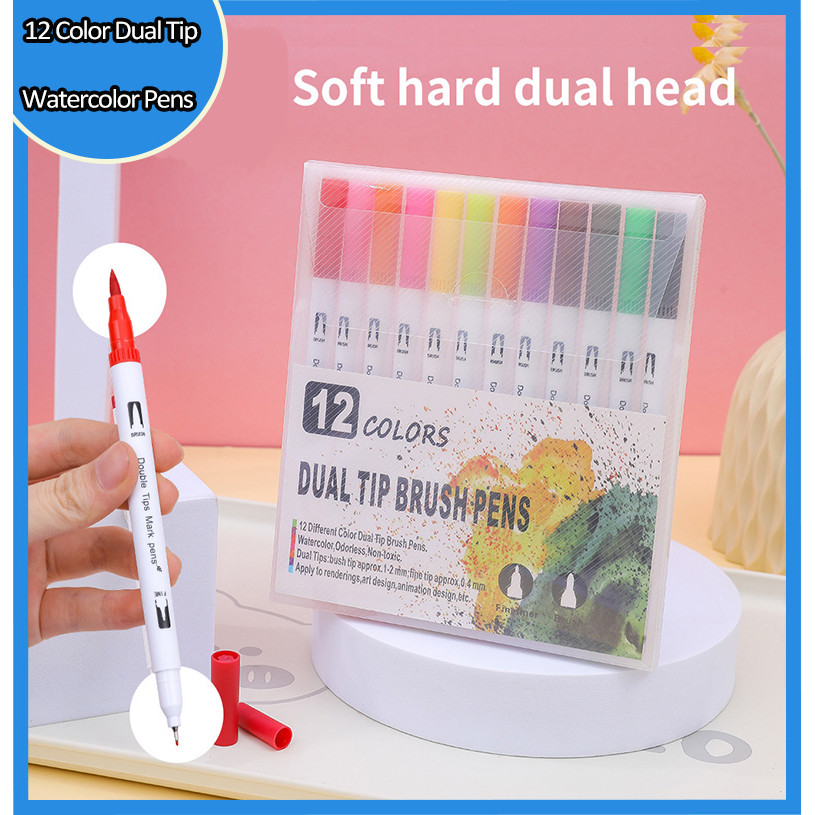 

12 Color Dual Tip Watercolor Pens Brush Tip + Fine Tip Art Journaling Pens Brush Tip Markers Ships Within 24 Hours Ideal for Comics Coloring Journals Professional Drawing Pens