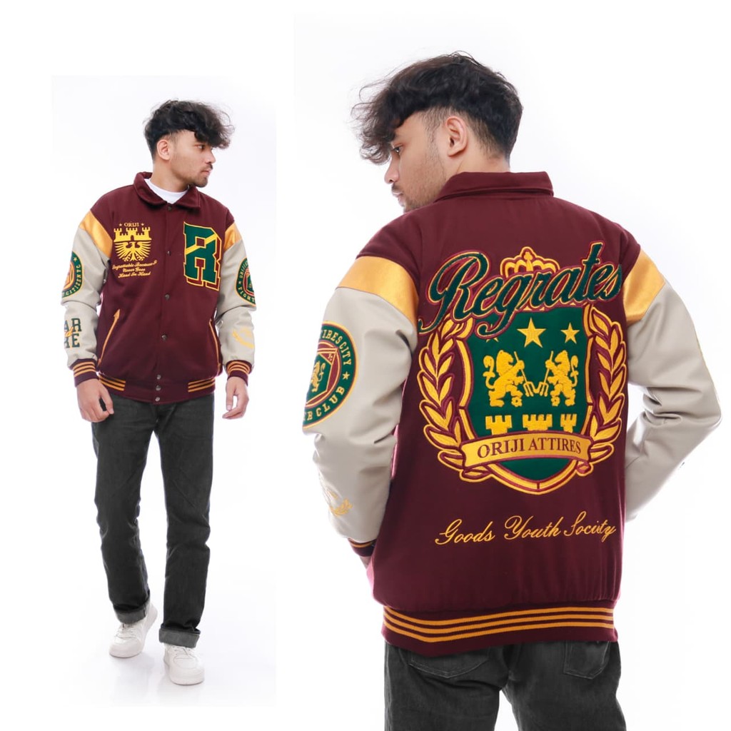 Orijiattires Jaket Varsity Pria Wanita Regrates Burgundy and Cream Full Bordir Fleece Kombinasi Leng