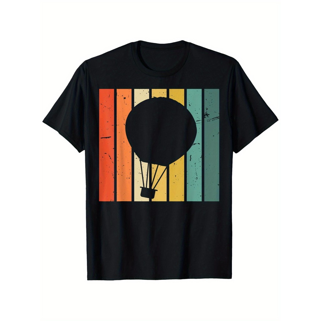 Kaos Pria Katun Tipis Motif Balon Udara Retro, Adem, Lengan Pendek, Ukuran S-XXXL