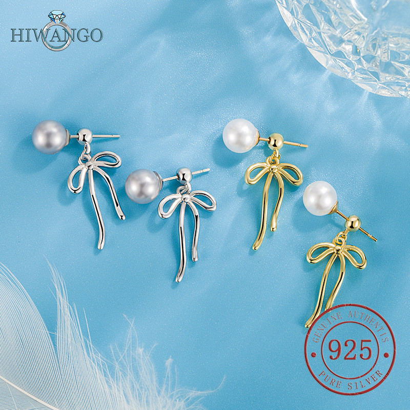 HIWANGO Anting-anting Stud Mutiara Pita Panjang Perak 925