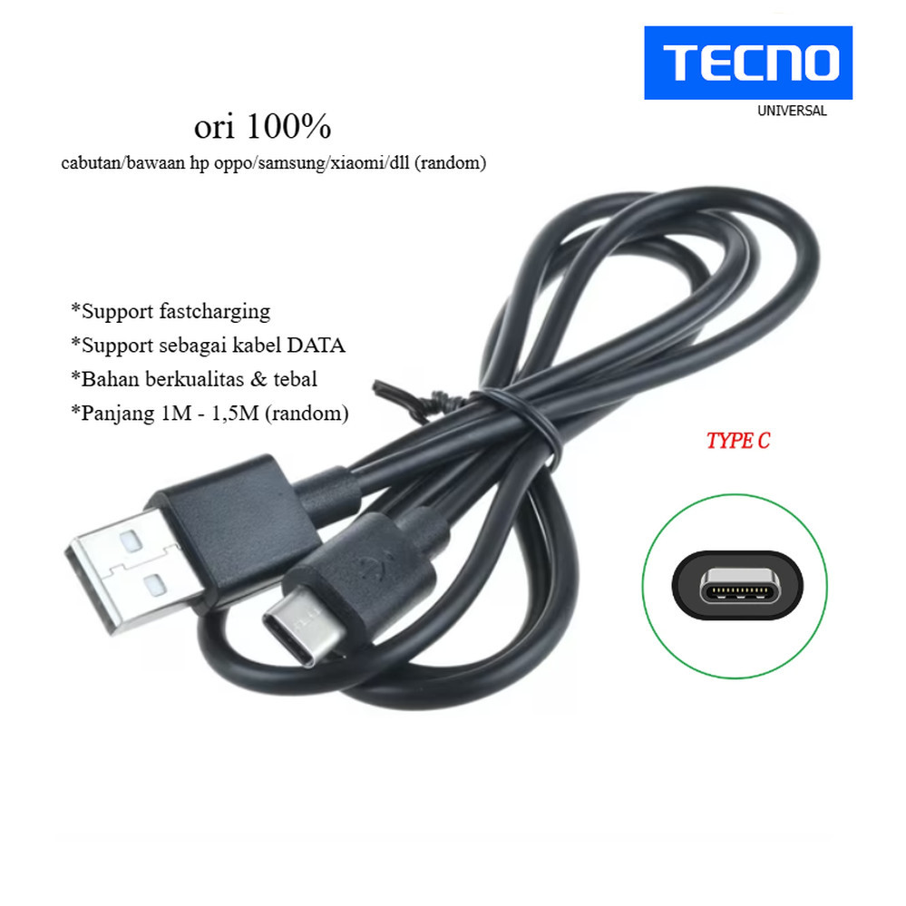 ori 100% (hitam) Usb type C  kabel charger tecno pova 5 (LH7n) - pova 5 pro (LH8n) - pova 5G (LE8)