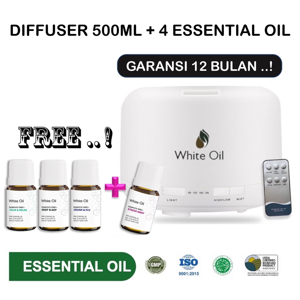 DIFFUSER 500ML FREE 4 ESSENTIAL OIL BY WHITE OIL