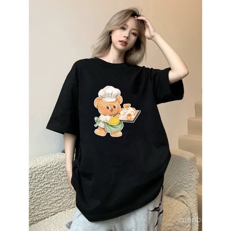 Kaos bermotif hitam putih untuk pria dan wanita Koki Beruang Lucu 100% katun  Baju Cewek Kekinian Ko