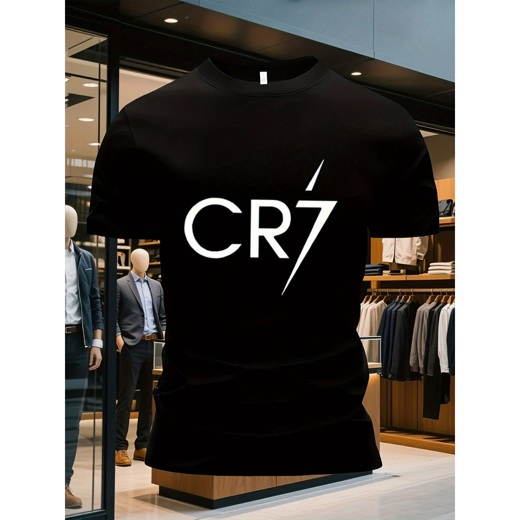 Kaos Grafis Cristiano Ronaldo CR7 Ukuran Plus Pria - Hitam dengan Cetakan Tanda Tangan Putih, Jersey