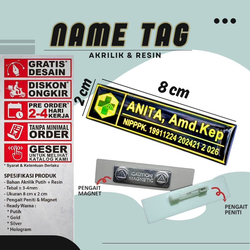 Name Tag Nama Dada Akrilik Magnet Peniti Gold Silver