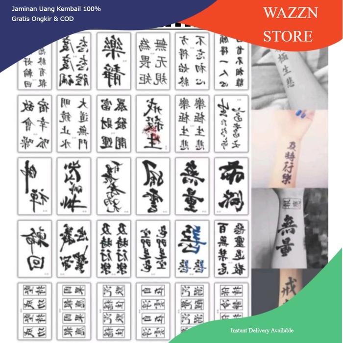 Wazzn- 10 LEMBAR TATO TULISAN KANJI JEPANG size 10x6cm MOTIF RANDOM Tatto Temporer Tubuh Tato Tempor