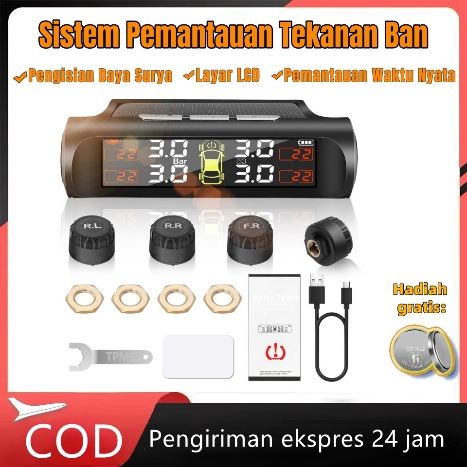 【Barang Spot】Sistem Monitor Tekanan Ban Mobil TPMS Nirkabel HD Solar Charge dengan Tampilan Menyala 
