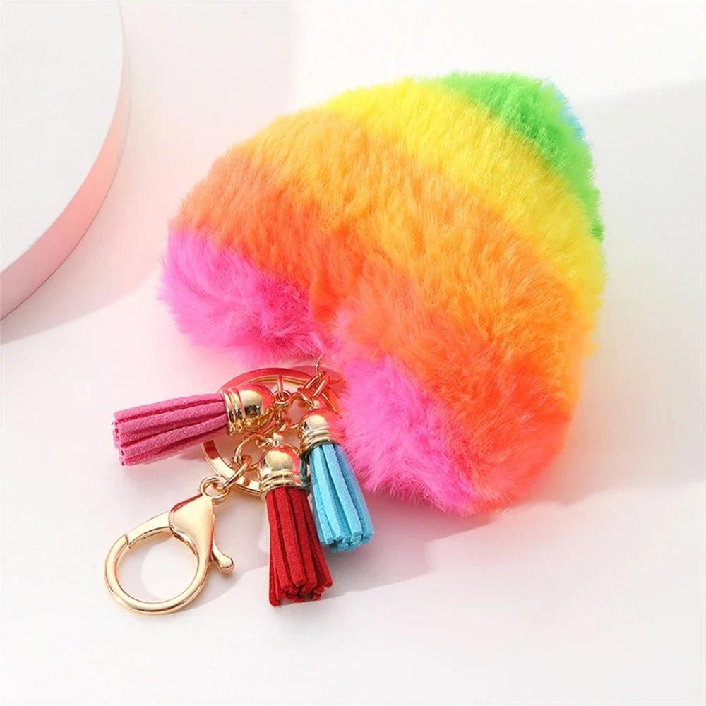 Lovely Heart Pompoms Keya Women Bag Accessories Rainbow Plush Balls Love Car Keyrings For Valentines