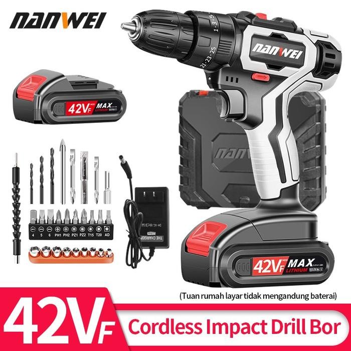 NEW PRODUK 42V Mesin bor cordless/bor baterai/ bor listrik/Impact Drill Bor Beton - PAKET 1 BATTERY 