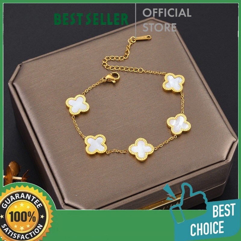 Gelang Wanita Elegan Clover Mata Hitam Fashion Titanium Steel Premium Anti Luntur Anti Karat Rantai 