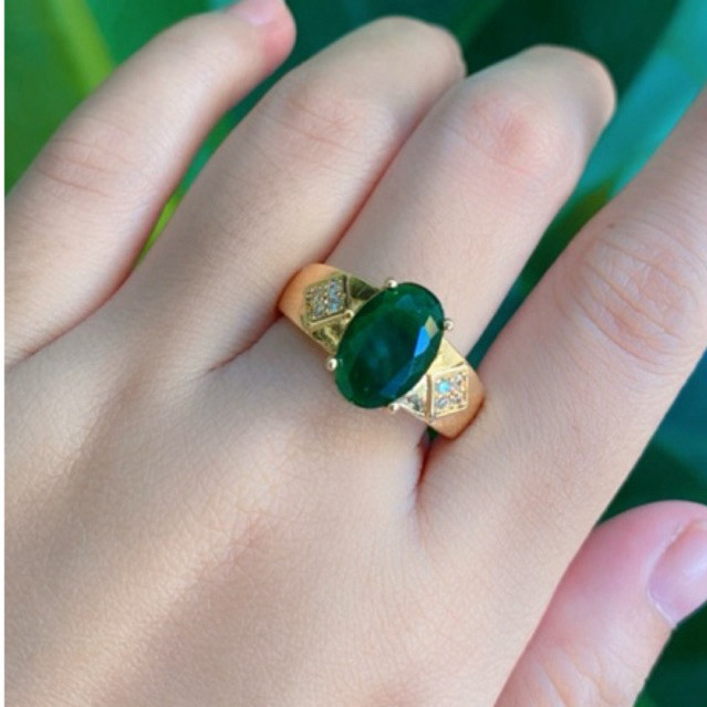 CINCIN EMAS XENIA HIJAU TUA BATU GIOK PERHIASAN WANITA ANTI LUNTUR